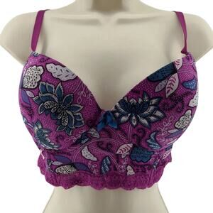 Adore Me Meissa Magenta Purple Floral Lace Trim Push-Up Bra 34DD